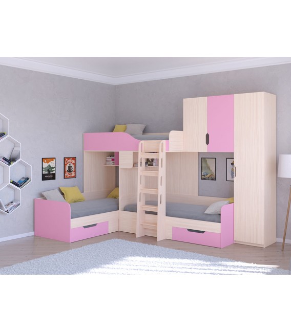 двухъярусная кровать Трио-2 цвет Дуб молочный - Розовый
